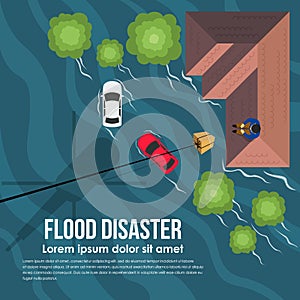 Flood disaster with Top view helicopter Deliver help box to flood victims on the roof of the house vector design photo