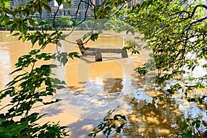 Flood with lots of man made trashes floating