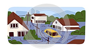 Flood, natural disaster. Drowned houses, car and trees sinking under high water during nature catastrophe, cataclysm