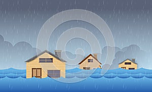 Flood natural disaster with house, heavy rain and storm , damage with home, clouds and rain, flooding water in city