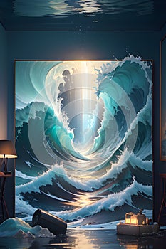 flood ocean scene melting into in a bedroom scene waves deep water bed light reflections muted generated by ai