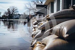 Flood protection sandbags with flooded homes in the background. Generative AI