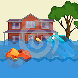 Flood realistic natural disaster vector illustration. Cottage house, car, trees