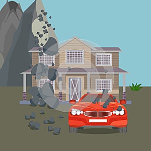 Flood realistic natural disaster vector illustration. Cottage house, car, trees