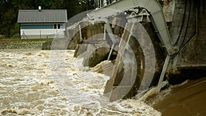 Flood river flooding Morava water, weir sluice spate, hydro-electric power station hydroelectric, dam flowing barrage