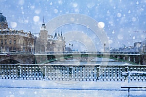 Flood and snow on Sein river in Paris downtown