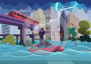 Flood and storm natural disaster in modern city. City floods and cars floating in the water. Huge lightning breaks the