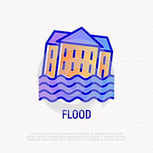 Flood thin line icon: house in water. Modern vector illustration of natural disaster