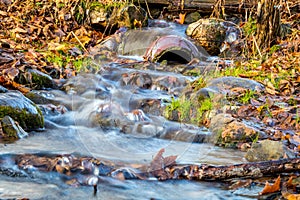 Flood water gushes through an intersting pipe and downed branches surrounded by colorful fall foliage photo