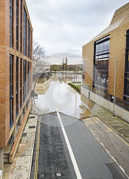 Flood waters from the river Severn,after heavy rains,creep into the city of Worcester,England,United Kingdom