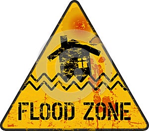Flood zone warning sign,climate change, inundation, flooding  concept, vector illustration, grungy style