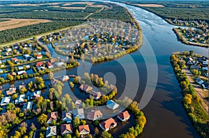 A flooded area with houses and trees in Russia