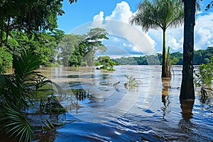 A flooded area with palm trees submerged in water, showcasing the extent of the flooding, A river in the Amazon rainforest in full