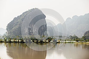 Flooded Asian country against the backdrop of the mountains in t