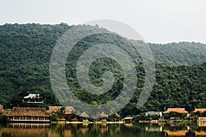 Flooded Asian country against the backdrop of the mountains in t