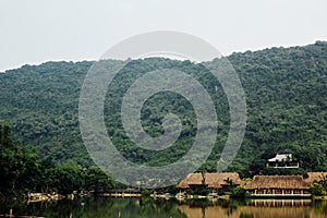 Flooded Asian country against the backdrop of the mountains in t