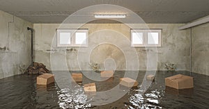 Flooded basement of the house with wet Cardboard boxes in the water