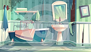 Flooding bathroom in old house cartoon vector