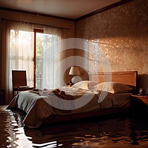 Flooded bedroom in house, with water damage and insurance problems