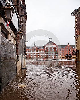 Flooded buildings along a river