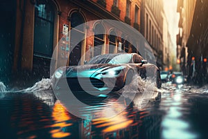 Flooded cars on the street of the city. Street after heavy rain. Water could enter the engine.