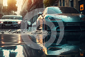 Flooded cars on the street of the city. Street after heavy rain. Water could enter the engine.