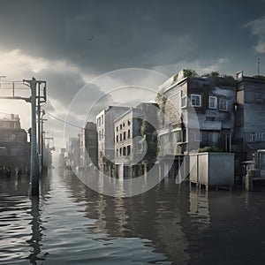 A flooded city with buildings caused by climate change.