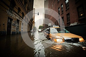 Flooded city streets in America. Generative AI