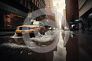 Flooded city streets in America. Generative AI