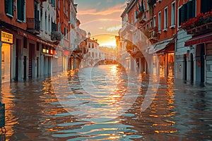 Flooded city streets due to rising sea levels and extreme weather events