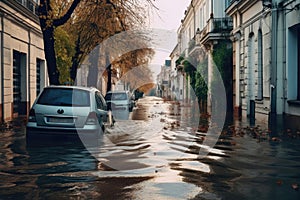 Flooded Cityscape A Car Stranded in European Urban Waters