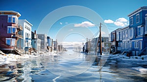 A flooded coastal city in Alaska from floods caused by rising sea levels due to melting glaciers and ice sheets. Consequences of