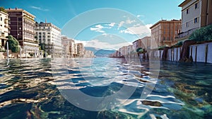 A flooded coastal European city from floods caused by rising sea levels due to the melting of glaciers and ice sheets.