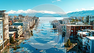 A flooded coastal European city from floods caused by rising sea levels due to the melting of glaciers and ice sheets.