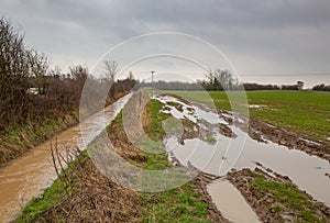 Flooded and deeply rutted field track alongside a swollen river.