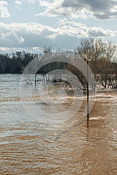 the flooded embankment of the Ural river in Orenburg after the spring flood