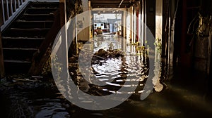 Flooded European city. heavy rain falls on the street of the city during a downpour