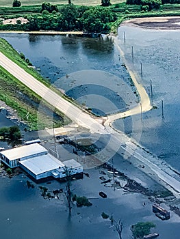 Flooded field with submerged roadways along the Missouri River