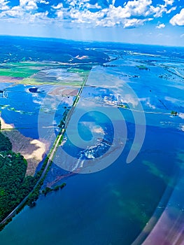 Flooded field with submerged roadways along the Missouri River