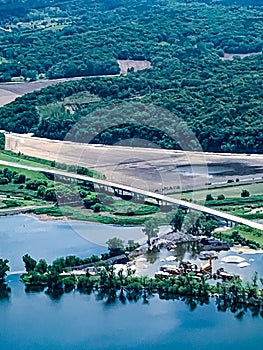 Flooded field with submerged roadways along the Missouri River