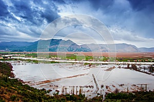 The flooded fields and crops with dramatic clouds