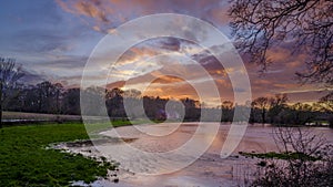 The flooded fields after Storm Dennis around South Boarhunt Mill, Hampshire, UK