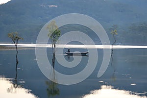 Flooded forest reflection on the lake with boatman in magic light part 51