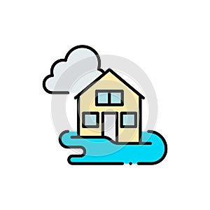 Flooded house filled color icon. linear style sign for mobile concept and web design. Flooding disaster filled color vector icon.