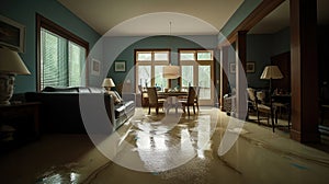 flooded house interior with a wooden floor. Generative Ai