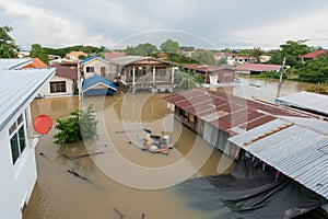 Flooded houses in rainy season.