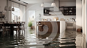 flooded kitchen floor due to water leakage. Neural network AI generated