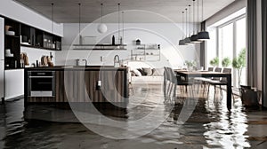 flooded kitchen floor due to water leakage. Neural network AI generated