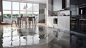 flooded kitchen floor due to water leakage. Neural network AI generated