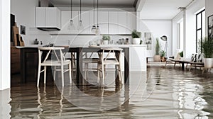 flooded kitchen floor due to water leakage. Neural network AI generated